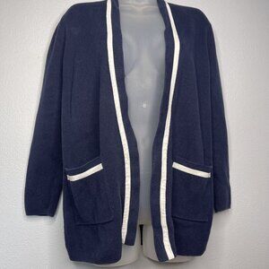 J.Crew Tipped Open Front Cardigan Sweater SZ XS-S Navy White Pockets